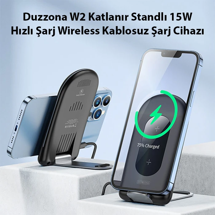 Duzzona W2 Katlanır Standlı 15W Hızlı Şarj Wireless Kablosuz Şarj Cihazı-(1903)
