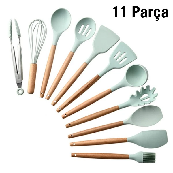 Ezere 11 Parça Silikon Uçlu Ahşap Saplı Mutfak Seti Ve Saklama Kutusu-(1903)