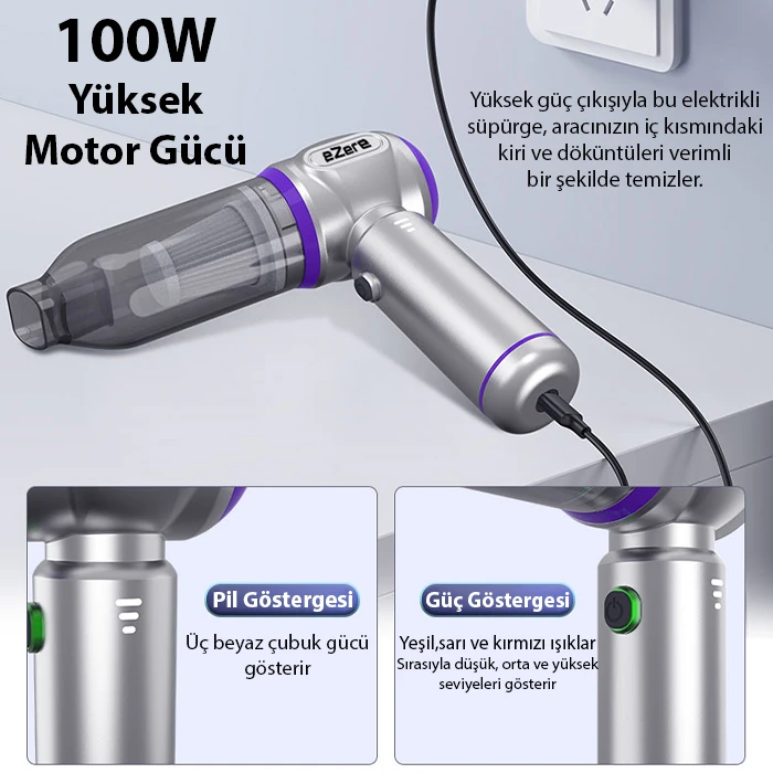 EZERE 16000pa Güçlü Portatif Taşınabilir Vakumlu Kablosuz Üflemeli Mini Araç Süpürgesi-(1903)