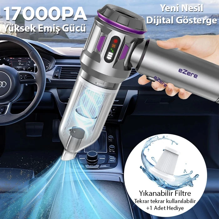 EZERE 17000pa Güçlü Dijital Göstergeli Vakumlu Kablosuz Üflemeli Mini Araç Süpürgesi-(1903)