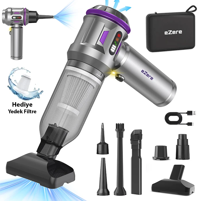 EZERE 17000pa Güçlü Dijital Göstergeli Vakumlu Kablosuz Üflemeli Mini Araç Süpürgesi-(1903)