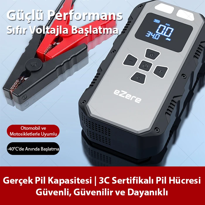 EZERE 4 in1 8000mAh Lastik Sisirme Pompası Ve Starter Akü Takviye Seti-(1903)