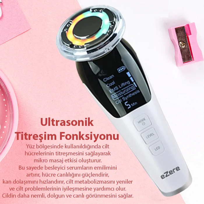 EZERE D818 Şarjlı Soğuk-Sıcak Kompresli Gerdirme Nemlendirme Kolajen Sentezli Ems Cilt Bakım Cihazı-(1903)