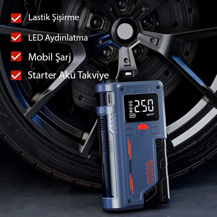 EZERE ST-9631 Pro Taşınabilir Göstergeli Araç Lastik Şişirme Ve Starter Akü Takviye Seti-(1903)