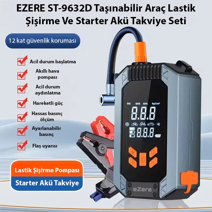 EZERE ST-9632D Taşınabilir Araç Lastik Şişirme Ve Starter Akü Takviye Seti-(1903)