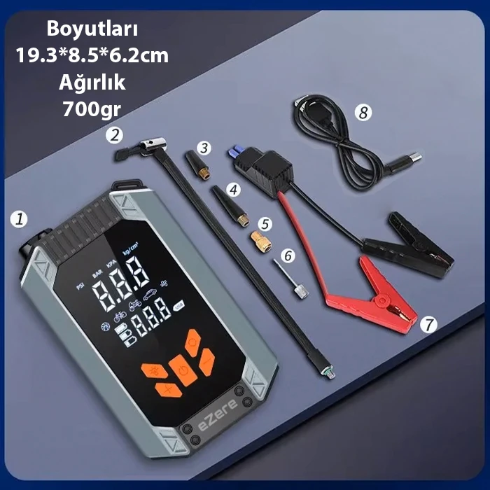 EZERE ST-9632D Taşınabilir Araç Lastik Şişirme Ve Starter Akü Takviye Seti-(1903)