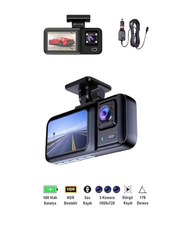 Geri Görüş Destekli Full HD Araç Kamerası – Gelişmiş 3 Kameralı Kayıt Çözümü