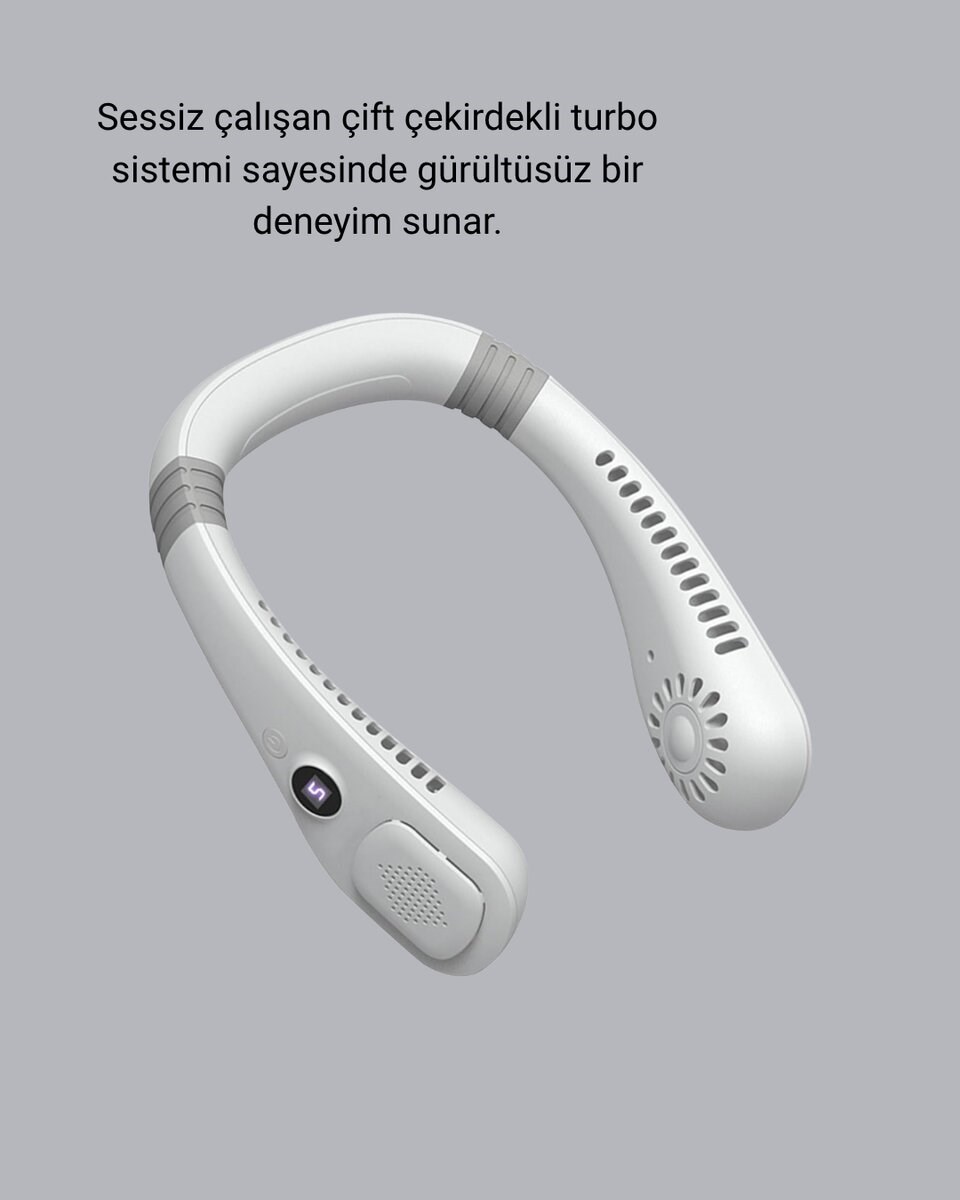 Giyilebilir Boyun Fanı 360° Dairesel Rüzgar ve 5 Kademeli Hız Ayarlı