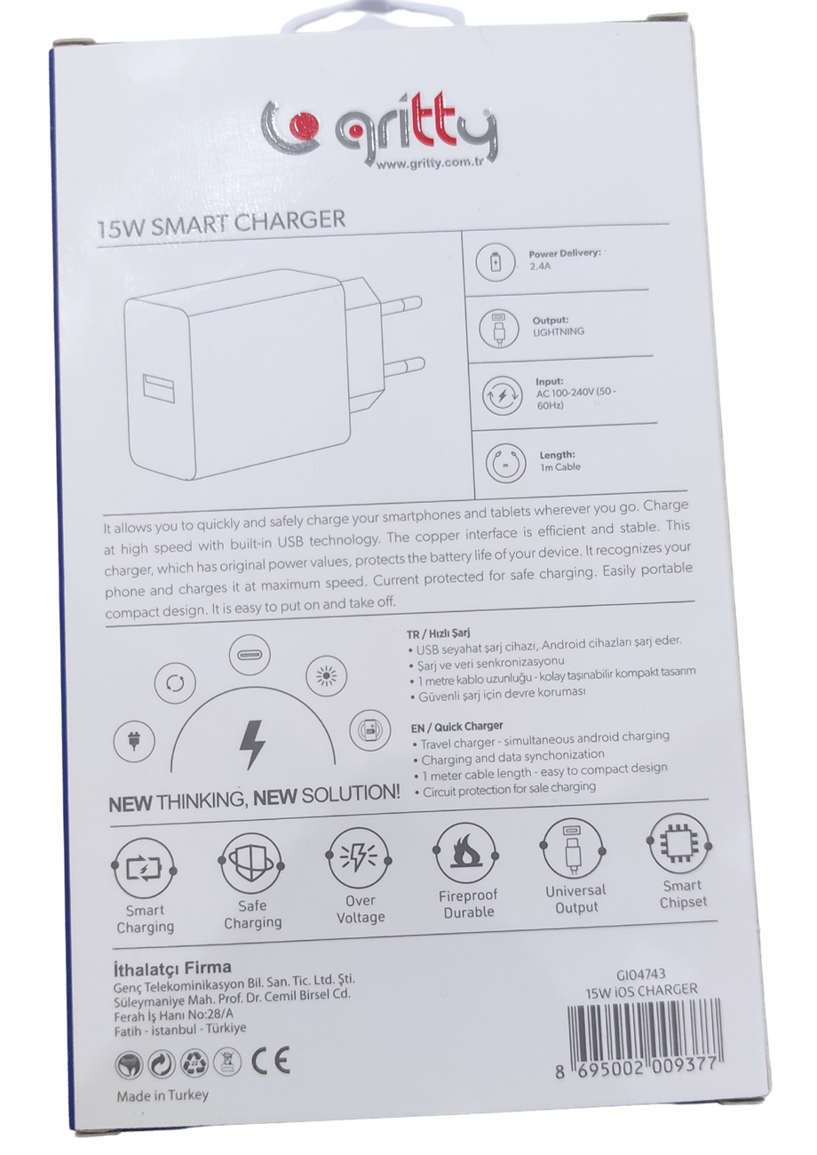 GRİTTY 15W İOS  FAST CHARGER ( MAVİ )
