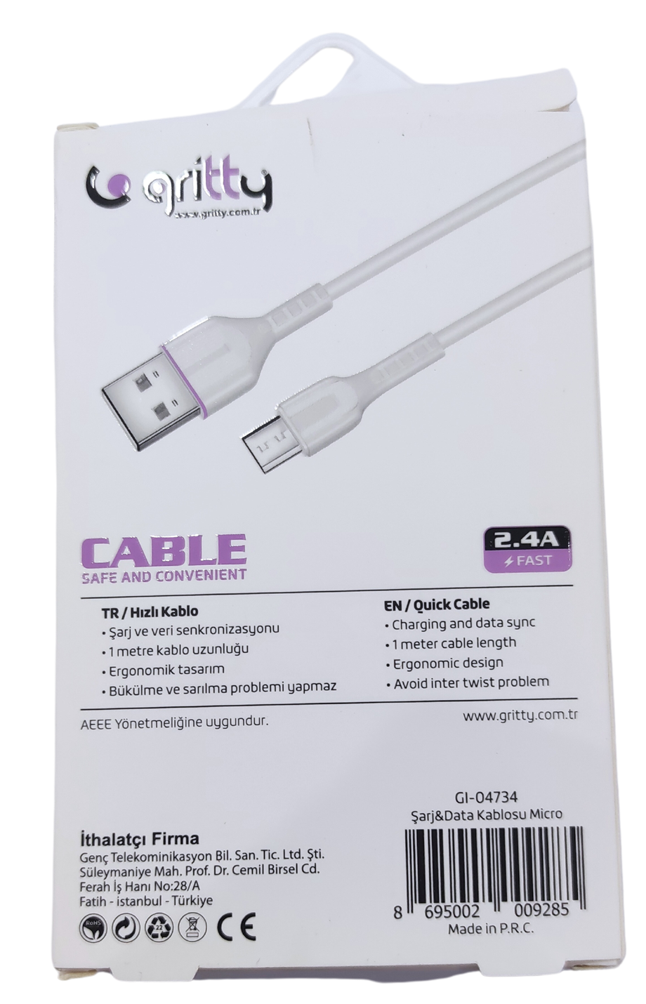 GRİTTY 1M MICRO-USB 2,4A KABLO (LILA)