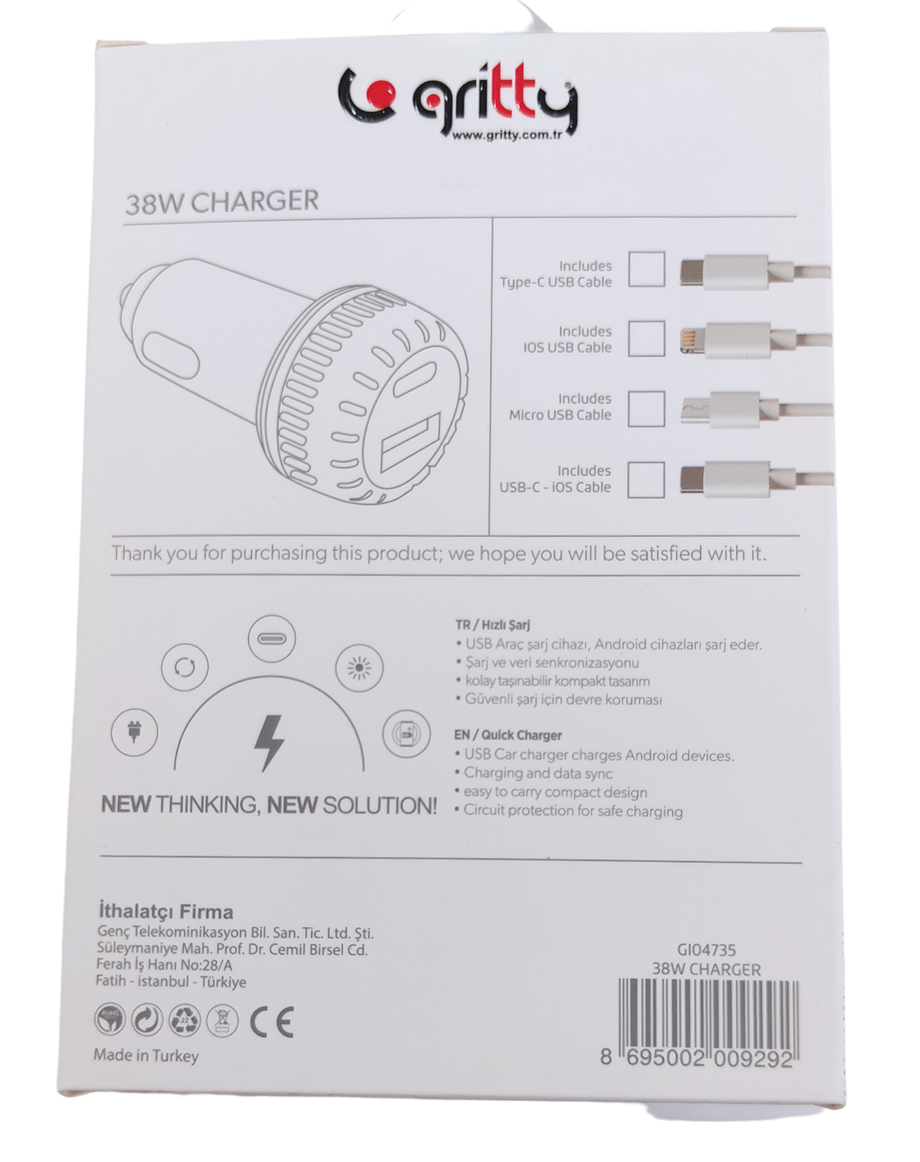 GRİTTY ARAÇ İÇİ ŞARJ 38 W PD USB CHARGER 