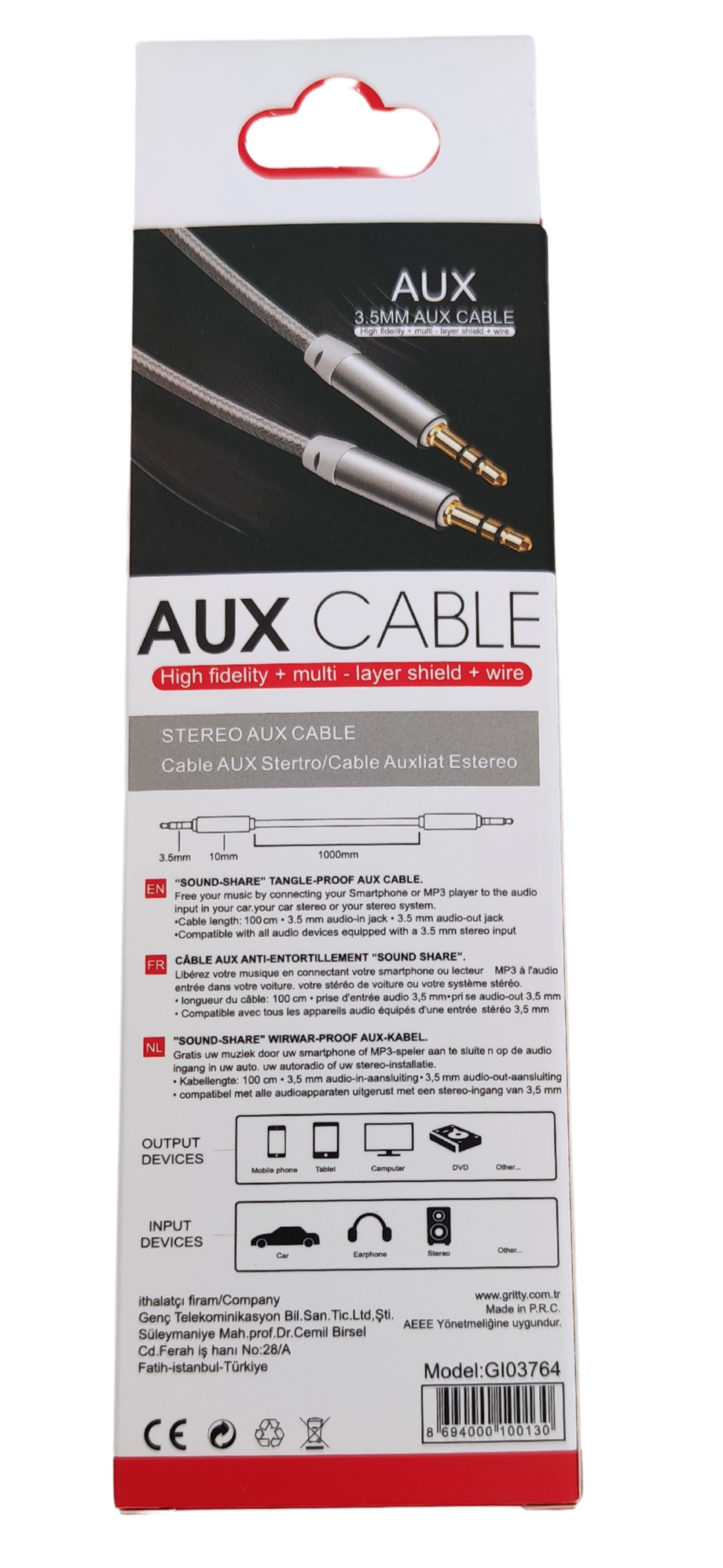 GRİTTY AUX KABLO 100 CM METAL JOINT 