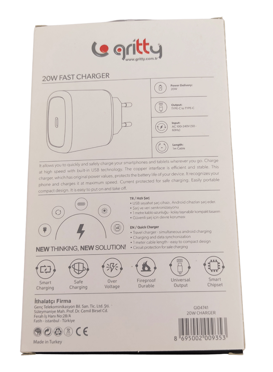 GRİTTY TYPE-C TO TYPE-C ŞARJ CİHAZI 20W 