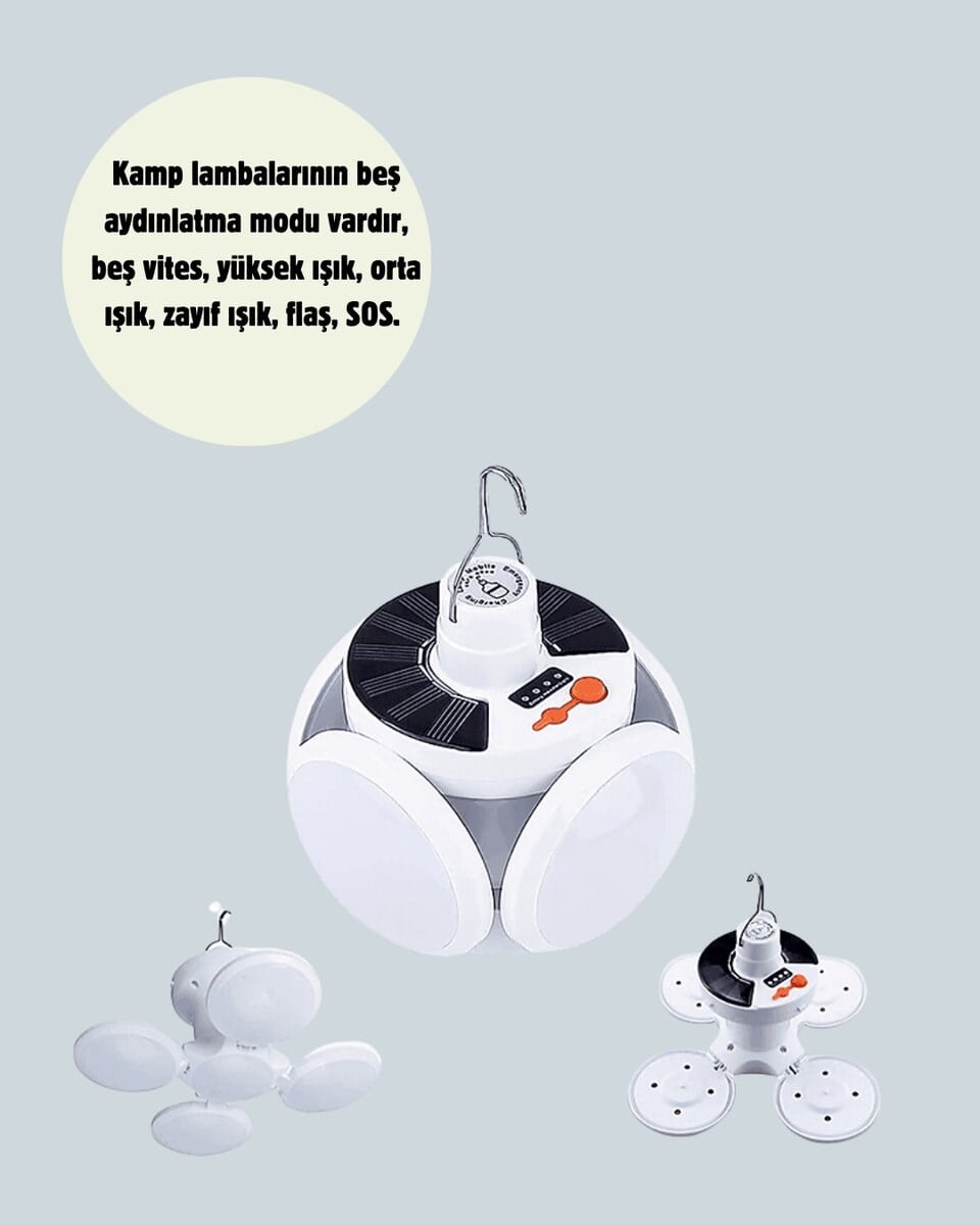 Güneş Paneliyle Şarj Olan Katlanabilir LED Çadır Lambası – 5 Kademeli Aydınlatma