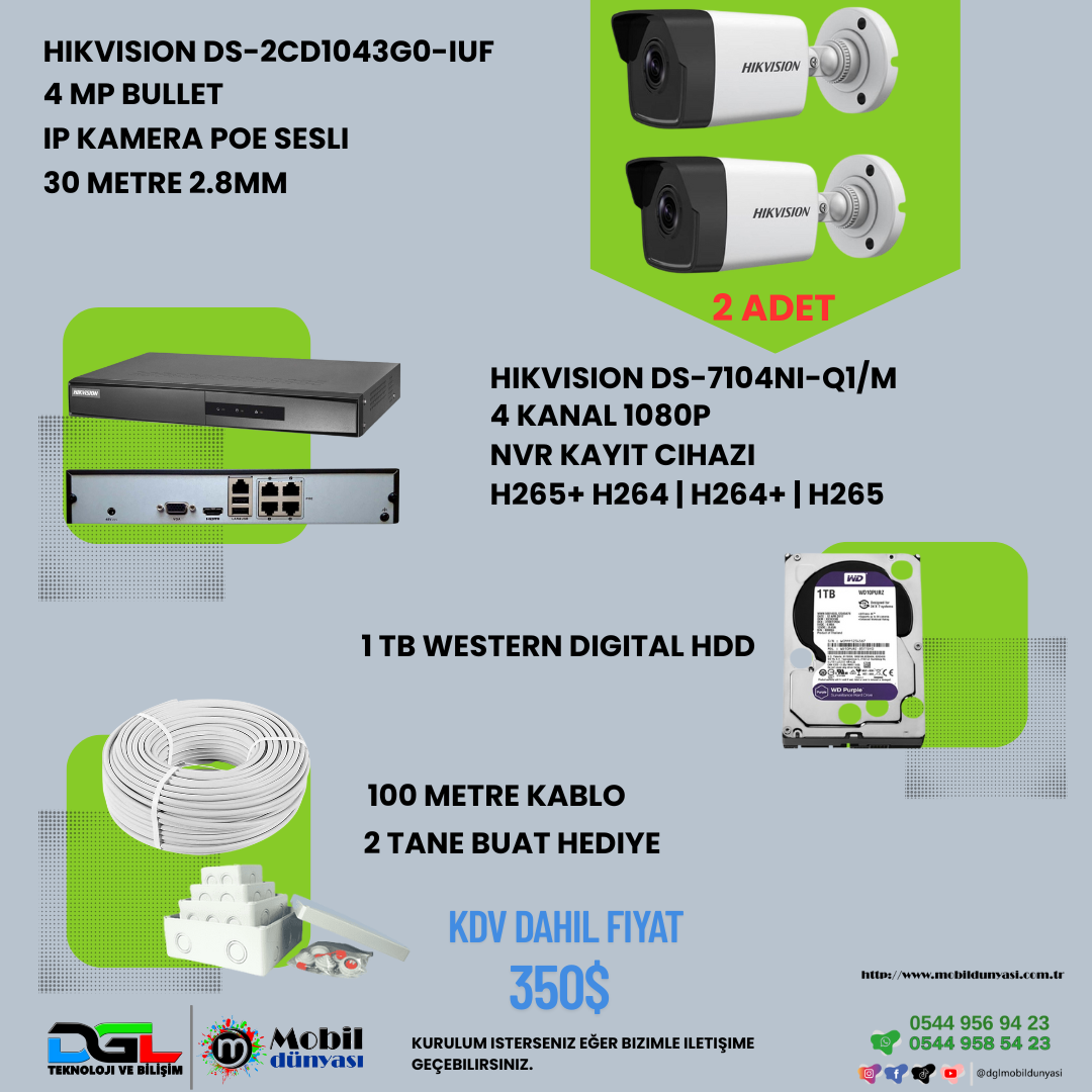 HIKVISION 2'Lİ İP KAMERA SETİHIKVISION 4MP BULLET 2.8MM DS-2CD1043G0-IUF 30metre H265+ IP Kamera PoE Sesli, HIKVISION 4 KANAL 1080P DS-7104NI-Q1/M 1X H265+ NVR Kayıt Cihazı, 1 TB WESTERN DİGİTAL HDD ve 100 METRO KABLO, 2 TANE BUAT HEDİYE, MOBİLDUNYASİ.COM.TRGRİTTYKampanya & Paketler