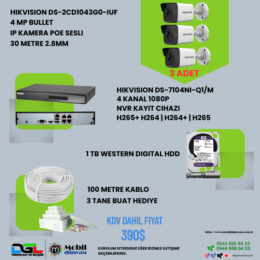 HIKVISION 3'LÜ İP KAMERA SETİHIKVISION 4MP BULLET 2.8MM DS-2CD1043G0-IUF 30metre H265+ IP Kamera PoE Sesli, HIKVISION 4 KANAL 1080P DS-7104NI-Q1/M 1X H265+ NVR Kayıt Cihazı, 1 TB WESTERN DİGİTAL HDD ve 100 METRO KABLO, 3 TANE BUAT HEDİYE, MOBİLDUNYASİ.COM.TRGRİTTYKampanya & Paketler