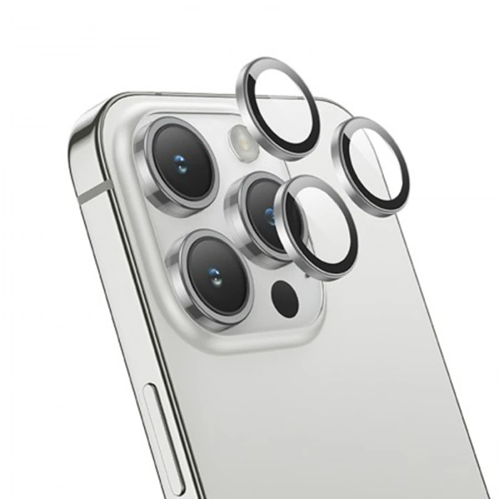 HOCO Crystal Clear iPhone 15 Pro-15 Pro Max HD 3D Metal Çerçeveli Kamera Koruyucu Lens-(1903)