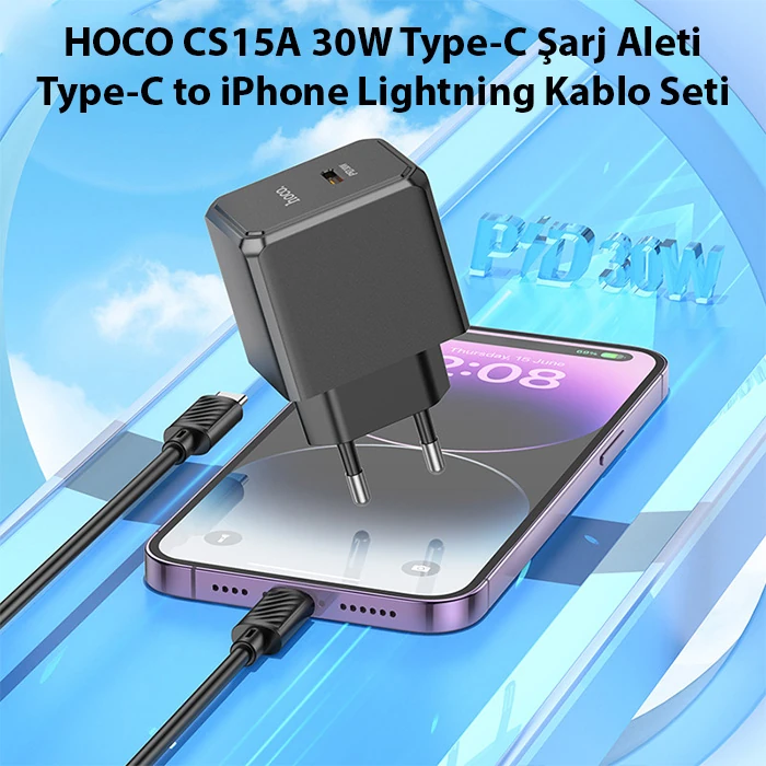 HOCO CS15A 30W Type-C Şarj Aleti + Type-C to iPhone Lightning Kablo Seti-(1903)