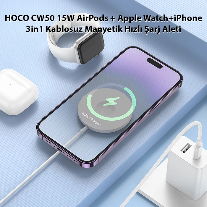 HOCO CW50 15W AirPods + Apple Watch+iPhone 3in1 Kablosuz Manyetik Hızlı Şarj Aleti-(1903)
