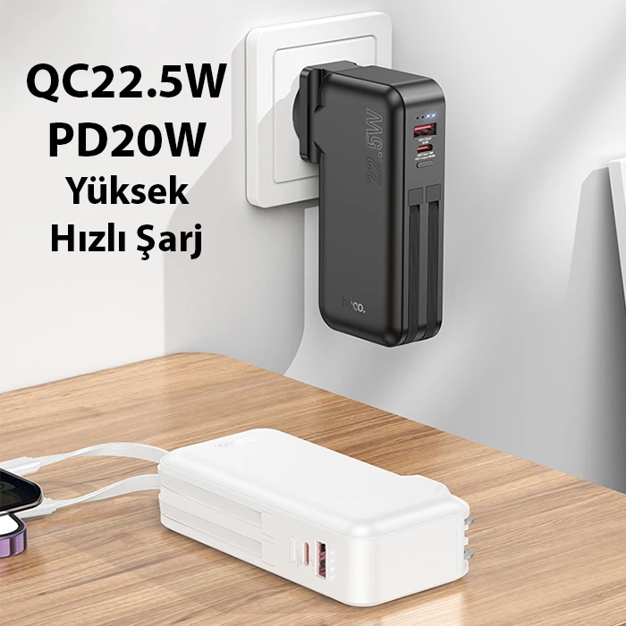 Hoco J126 USB-A+Type-C Çıkışlı Type-c+Lightning Kablolu 10000mAh Powerbank Şarj Aleti-(1903)