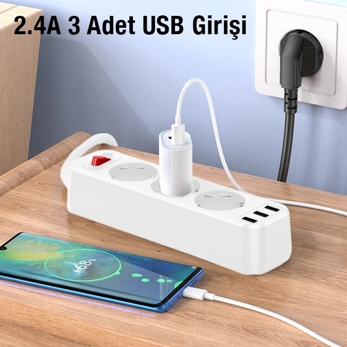 HOCO NS2 3'lü Priz 3 USB 4000W 1.8 Metre Şarj Uzatma Kablosu Akım Korumalı-(1903)