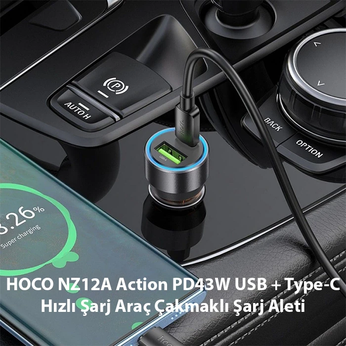 HOCO NZ12A Action PD43W USB + Type-C Hızlı Şarj Araç Çakmaklı Şarj Aleti-(1903)