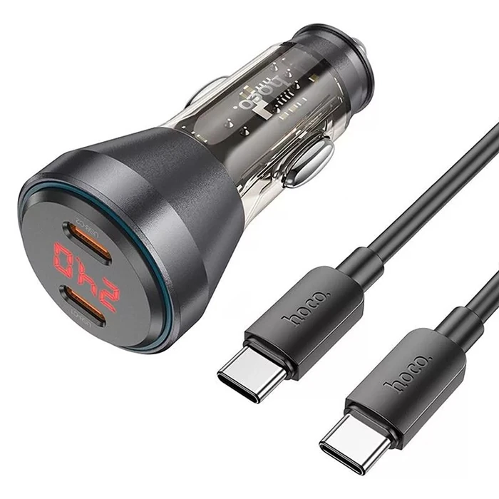 HOCO NZ12C Graceful PD60W 2 Type-C Girişli Araç Çakmaklık Hızlı Şarj Aleti + Type-C to Type-C Kablo-(1903)