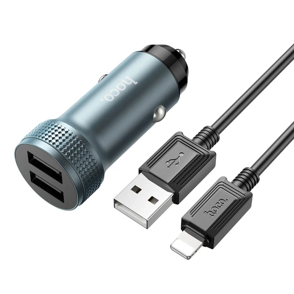 HOCO Z49 Çift USB Girişli Araç Şarj Başlık + USB To iPhone Lightning Kablo-(1903)