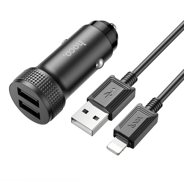 HOCO Z49 Çift USB Girişli Araç Şarj Başlık + USB To iPhone Lightning Kablo-(1903)