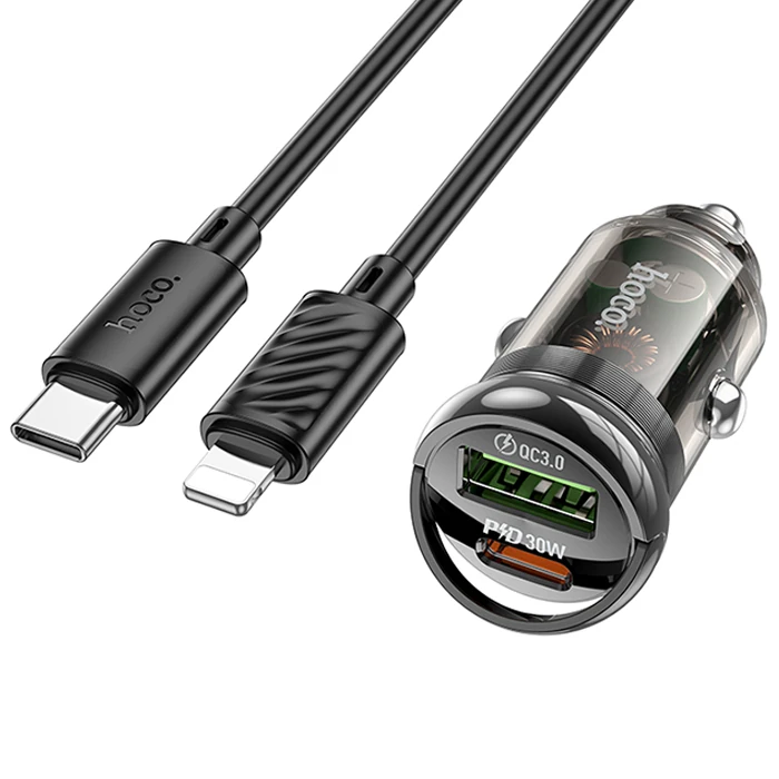 HOCO Z53A Vision PD30W Type-C + USB QC3.0 Girişli Araç Çakmaklık Hızlı Şarj Aleti + Type-C to iPhone-(1903)