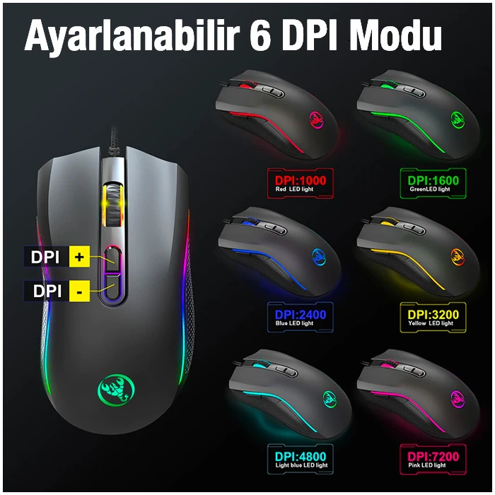 HXSJ A869 7200DPI Ayarlanabilir RGB Işık Gaming Oyuncu Mouse-(1903)