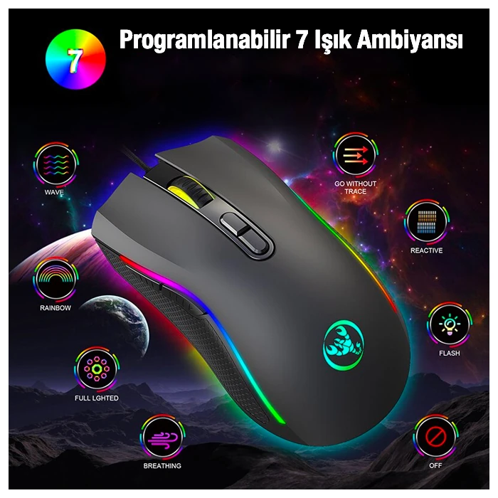 HXSJ A869 7200DPI Ayarlanabilir RGB Işık Gaming Oyuncu Mouse-(1903)