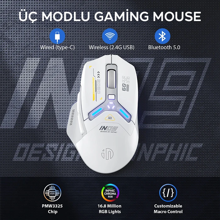 İNPHIC İN9 Kablosuz Oyun Faresi Gerçek Üç Modlu Bluetooth/Tip-CWired/2.4G Kablosuz mouse10000 DPl-(1903)