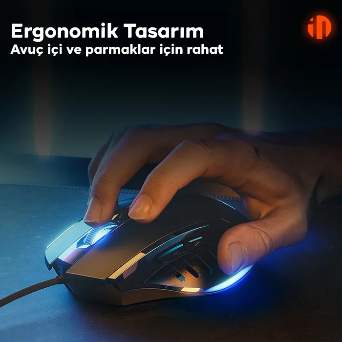 İNPHİC W1 Sessiz Tıklama Özellikli Ergonomik Kablolu Oyun Mouse Fare 1200/7200DPI-(1903)