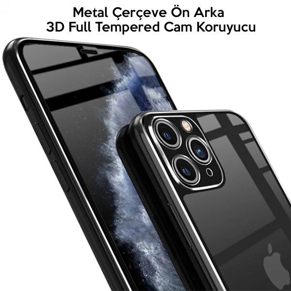 İPhone 11 Pro Metal Çerçeve Ön Arka 3D Full Tempered Cam Koruyucu-(1903)