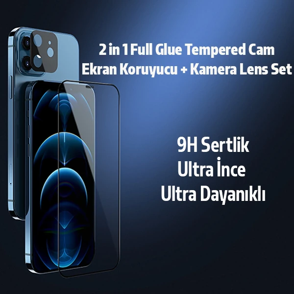 İPhone 12 Mini  2İN1 Full Glue Tempered Cam Ekran Koruyucu +Kamera Lens Set-(1903)