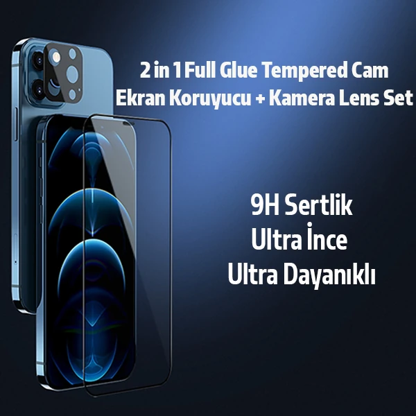 İPhone 12 Pro Max 2İN1 Full Glue Tempered Cam Ekran Koruyucu +Kamera Lens Set-(1903)