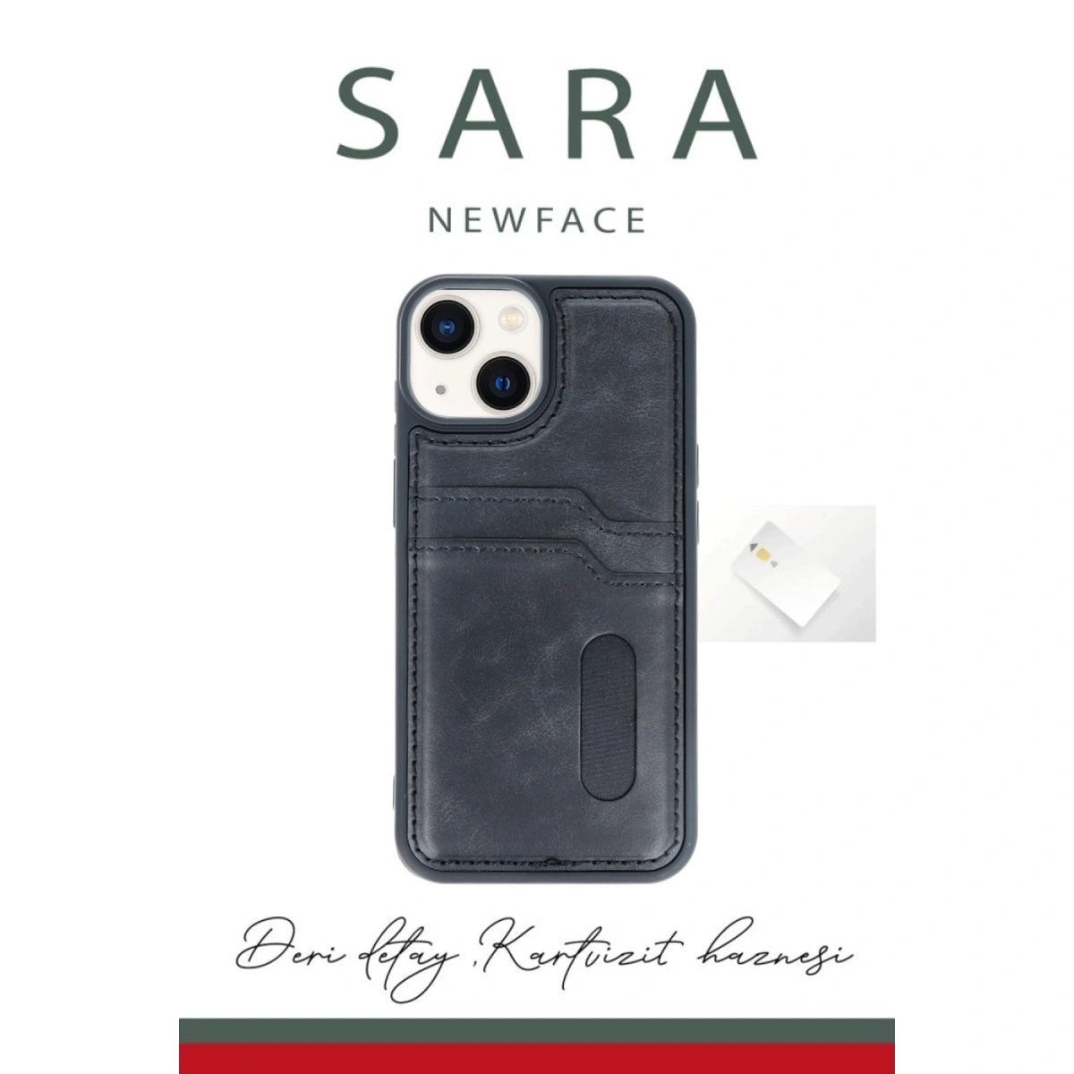 İphone 14 Kılıf Sara Kartvizitli Deri Kılıf - Kırmızı