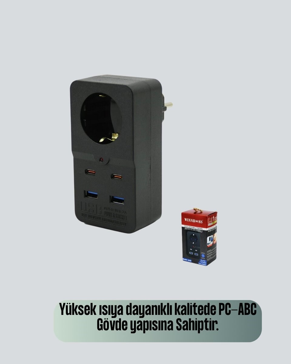 Isıya Dayanıklı PC Gövdeli Akım Korumalı Priz 4 USB Yeni Nesil