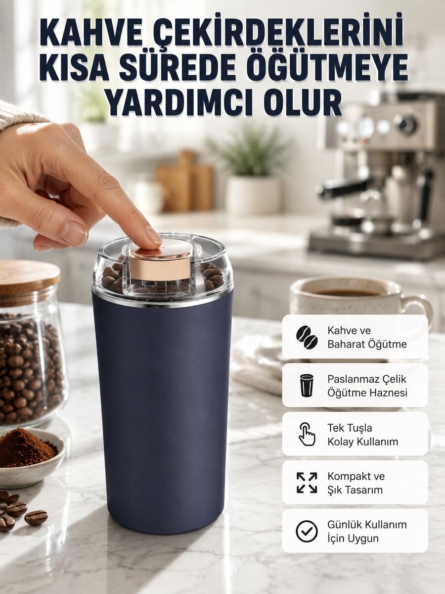 Kahve ve Baharat Öğütücü Kolay Temizlenebilir Paslanmaz Çelik Taşınabilir