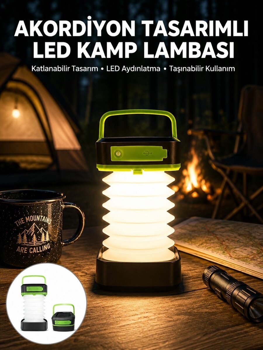 Katlanabilir Kamp Lambası Akordiyon Lamba Şarjlı 3 Kademeli Solar Yeni Nesil