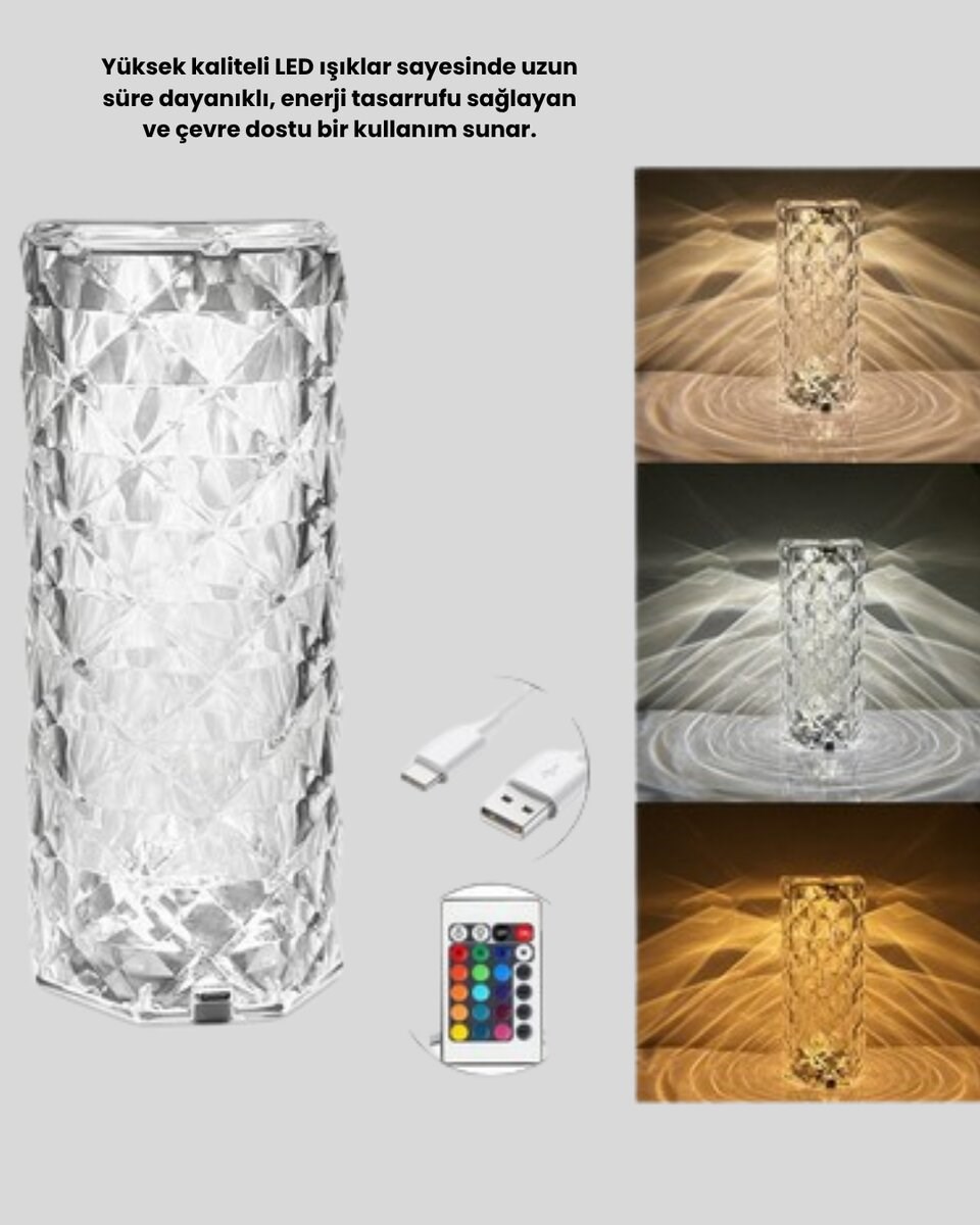 Kristal RGB LED Masa Lambası – Renkli Kumandalı Işık, Dekoratif ve Enerji Tasarruflu