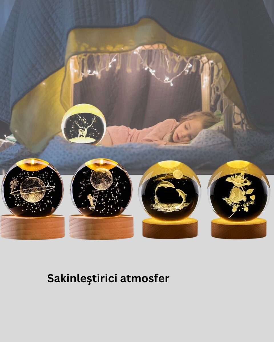 LED Işıklı Geyikli Kristal Küre Ahşap Standlı Modern Dekor Lamba