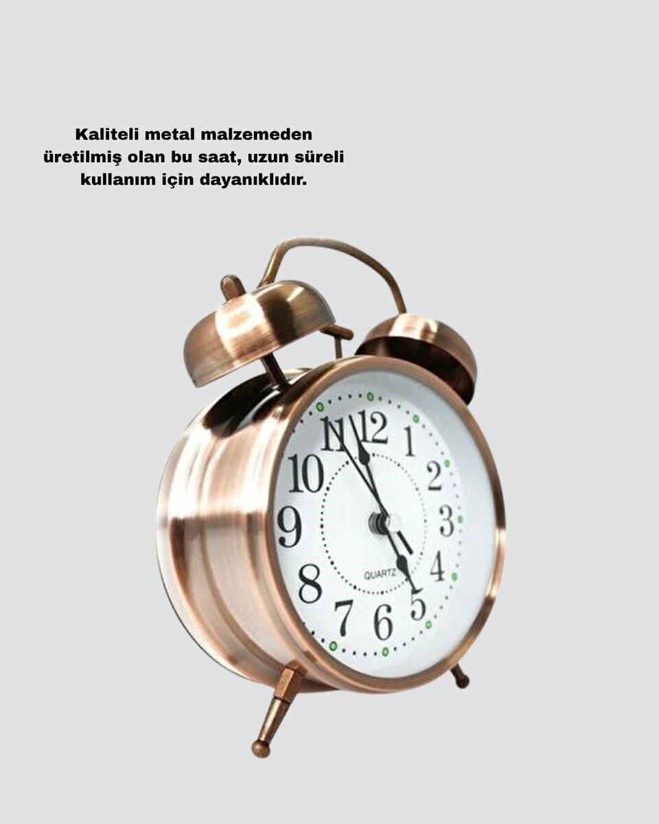 Metal Bronz Nostaljik Masa Saati Alarmlı Büyük Boy Sessiz Mekanizmalı