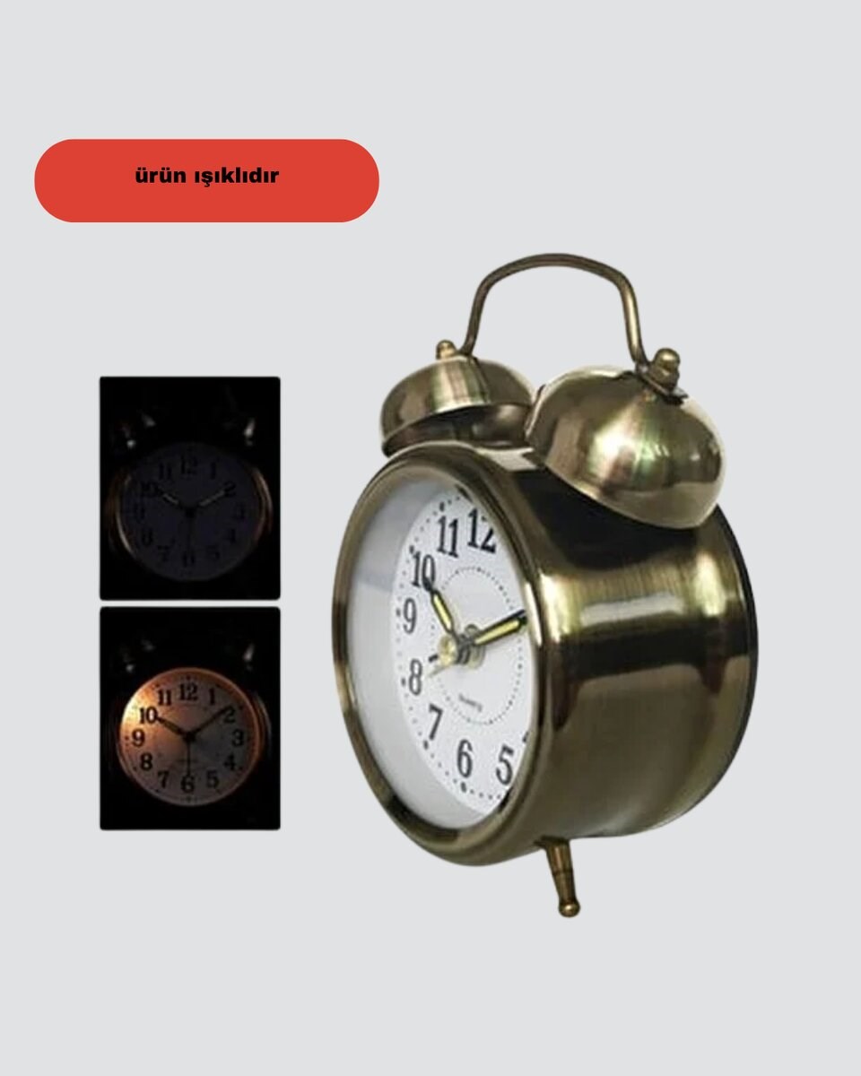 Metal Bronz Nostaljik Masa Saati Alarmlı Büyük Boy Sessiz Mekanizmalı