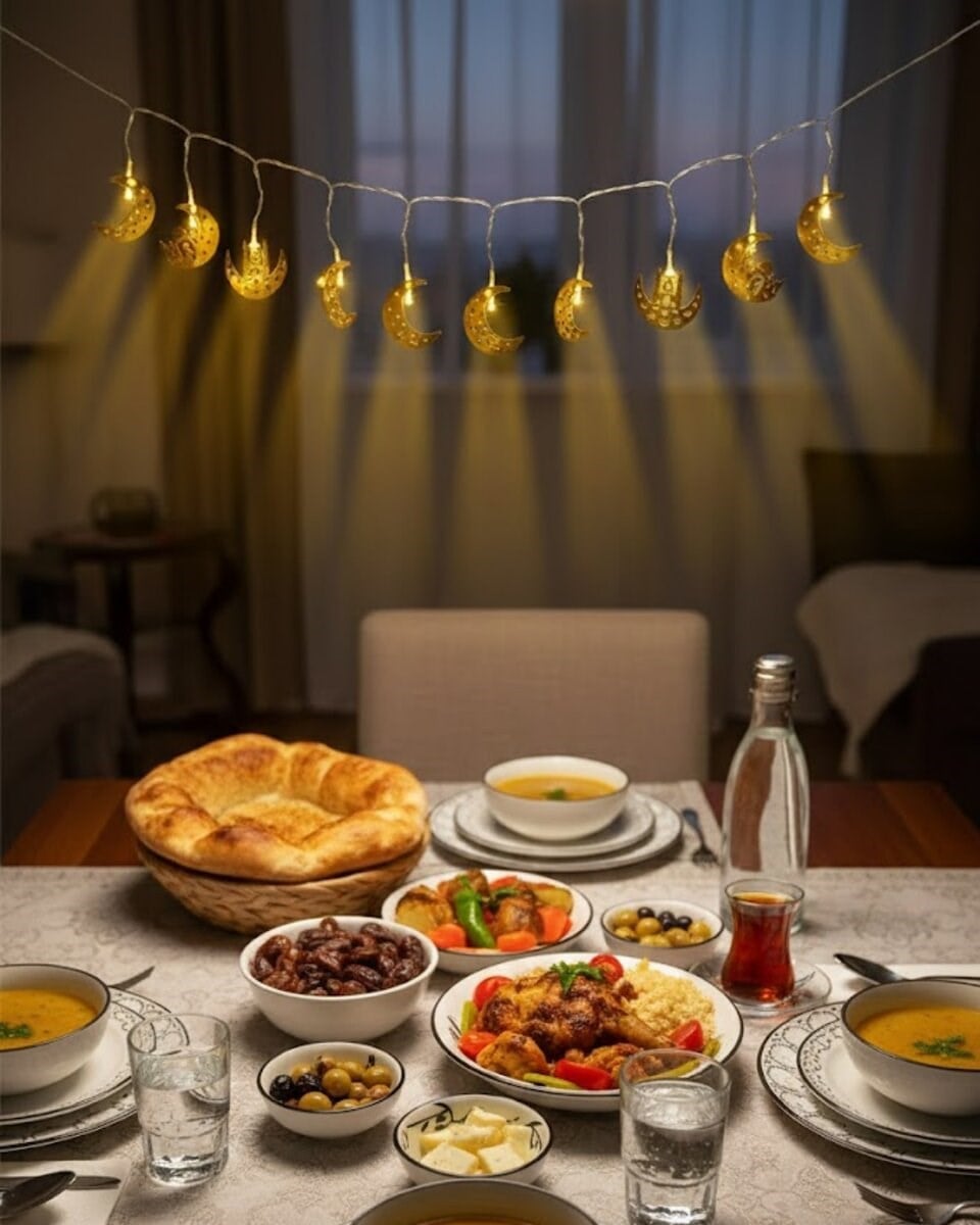 Minareli Hilal LED Işık Gold Metal Gövdeli Pilli Ramazan Dekoru