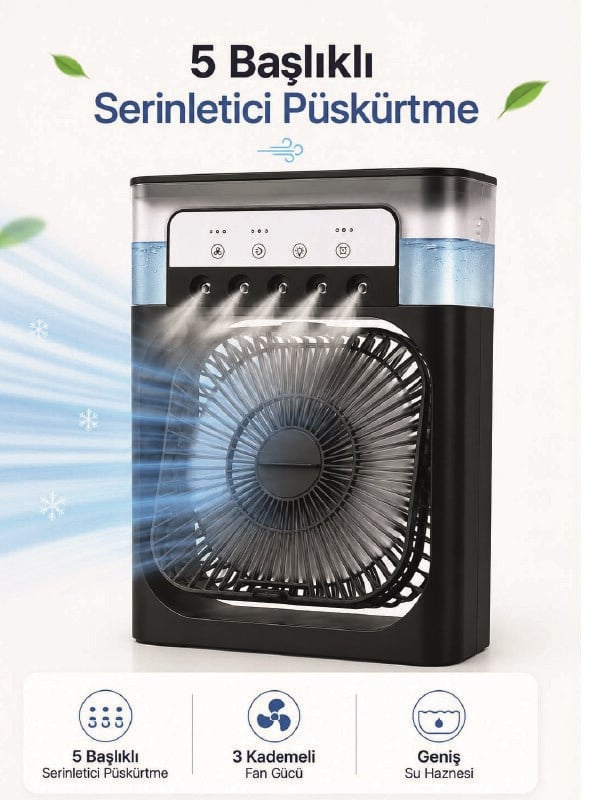 Modern Püskürtmeli Masaüstü Fan  Geniş Su Haznesi, 5 Sis Çıkışı, 3 Kademe Fan Gücü