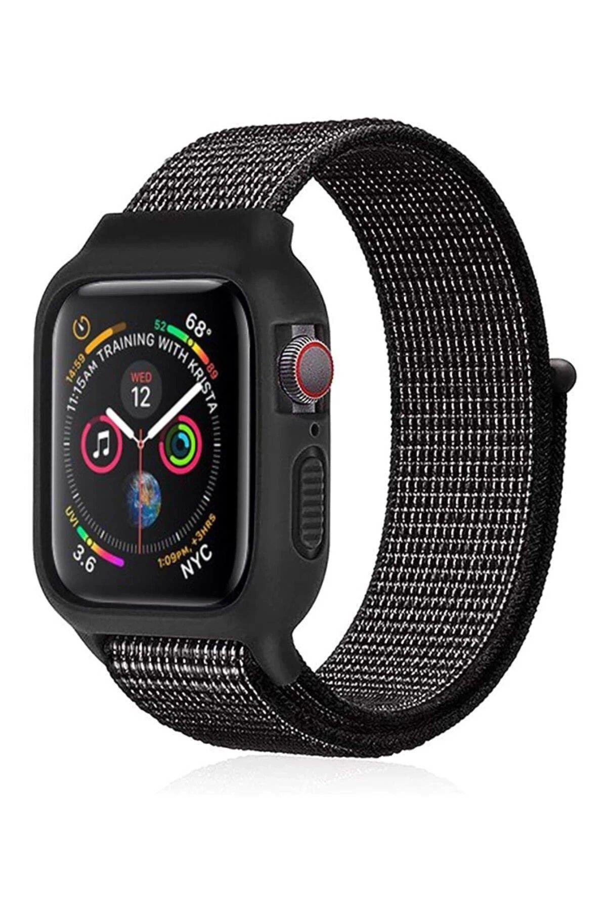 Newface Apple Watch 38mm Hasırlı Cırtcırtlı Kasalı Kordon - Benekli Siyah