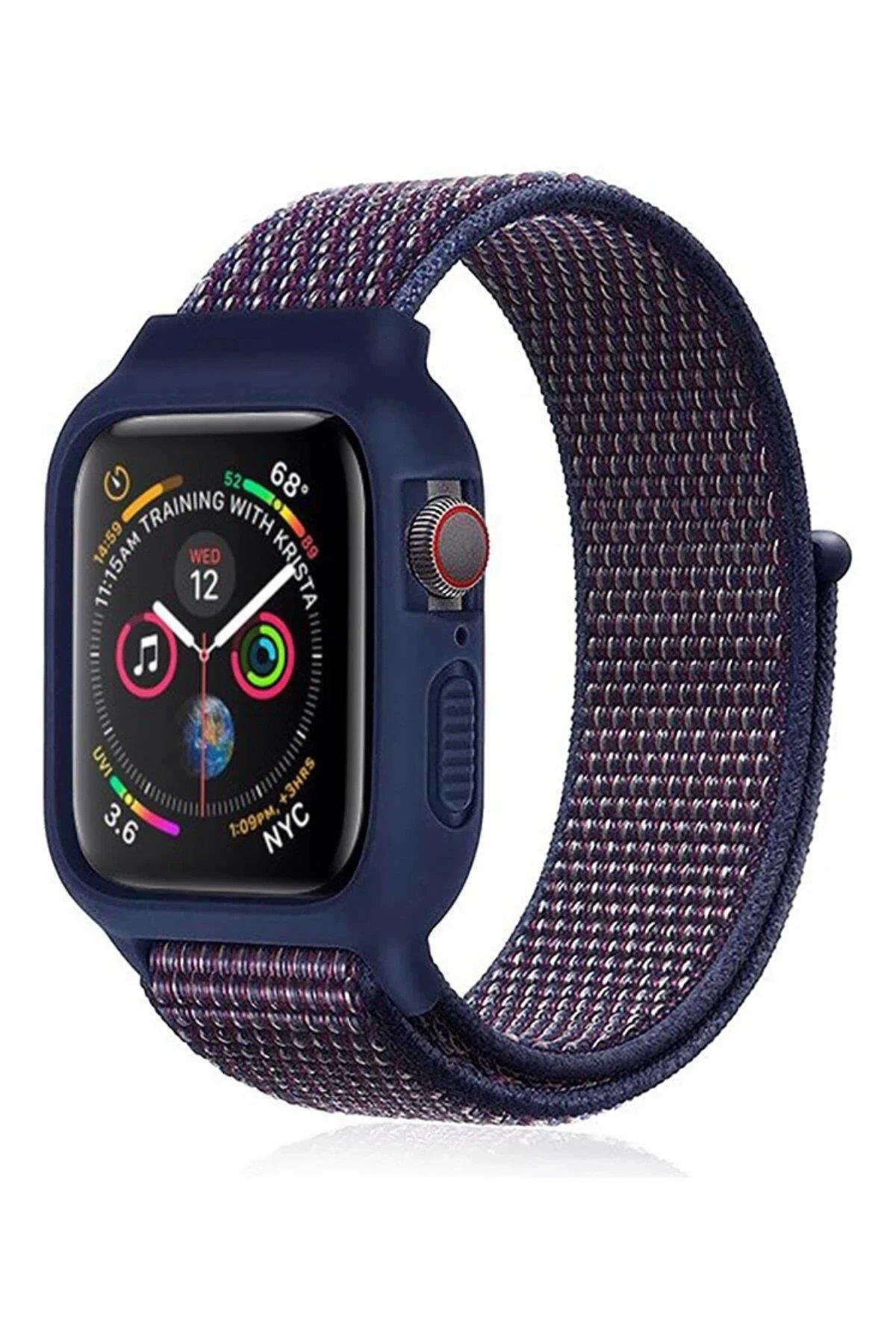 Newface Apple Watch 38mm Hasırlı Cırtcırtlı Kasalı Kordon - Lacivert-Mürdüm
