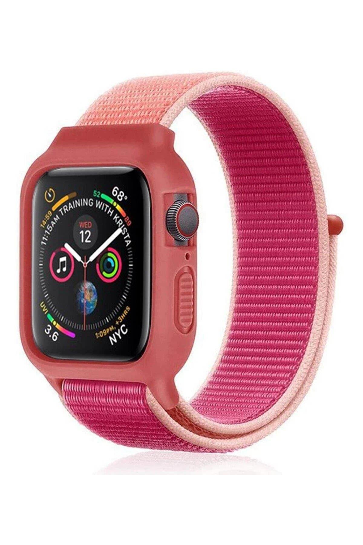 Newface Apple Watch 38mm Hasırlı Cırtcırtlı Kasalı Kordon - Pudra